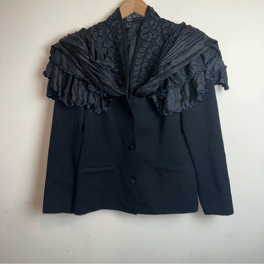VTG Anya Hindmarch 10 Black Wool Ruffle Tassel Button Up Victorian Style Jacket - Picture 4 of 13